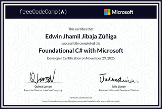 Certificado freeCodeCamp — Foundational C# with Microsoft